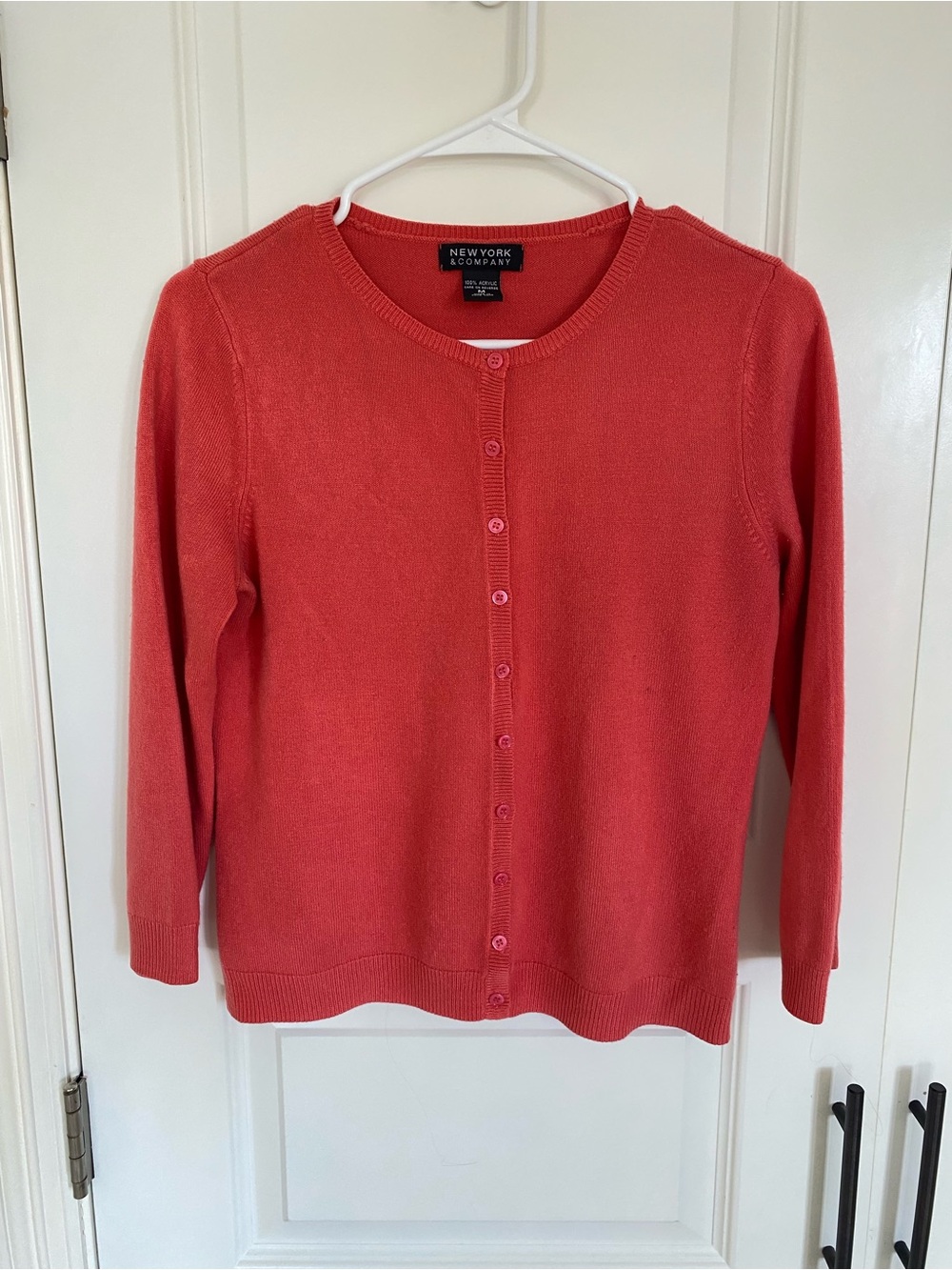 New York & Company Coral Button-Front Crewneck Cardigan